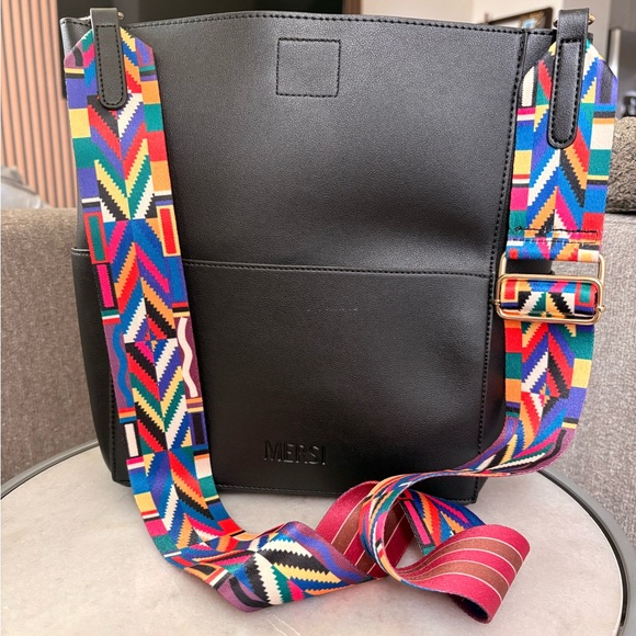 Handbags - MERSI Black Tote Bag with Colorful Strap